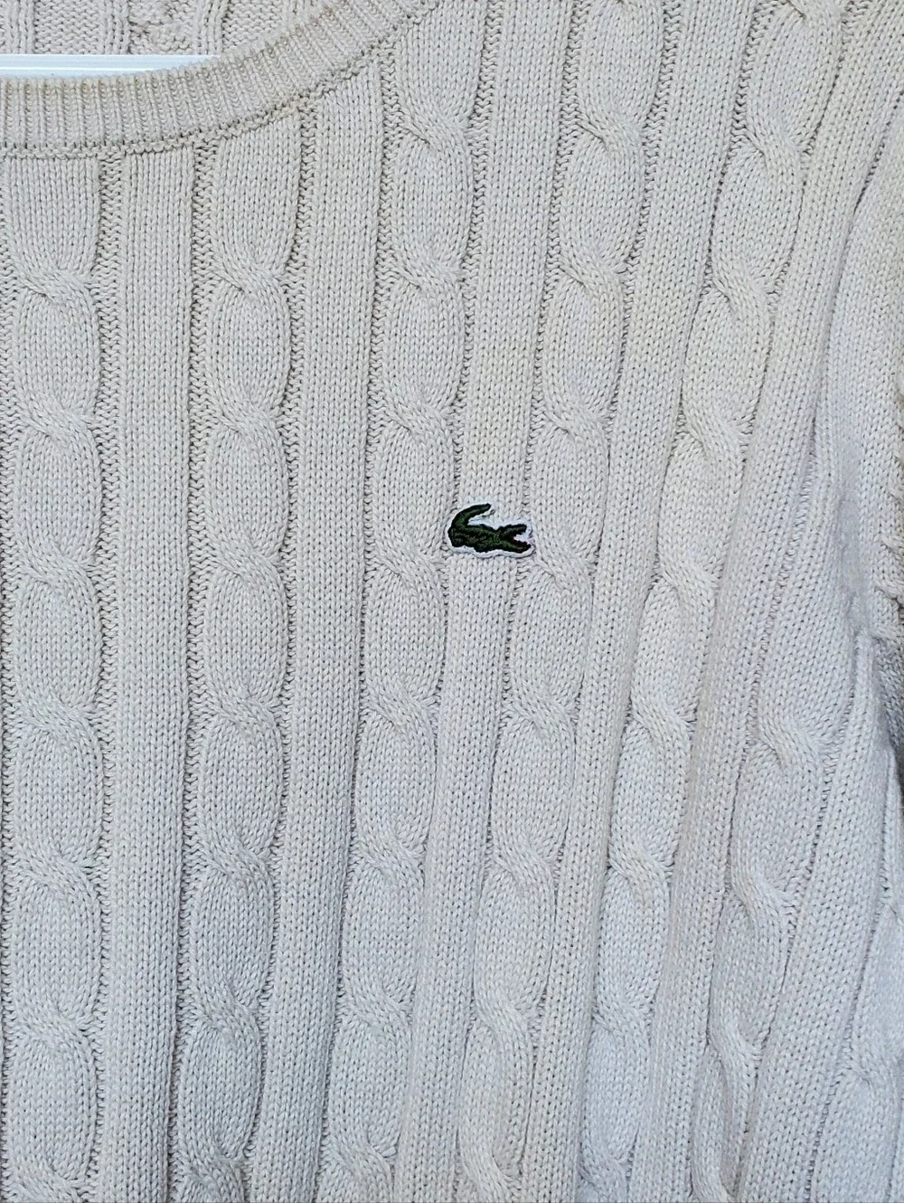 Lacoste Cream Cable Knit Crewneck Sweater with Green Logo. Size XL - Picture 3 of 8